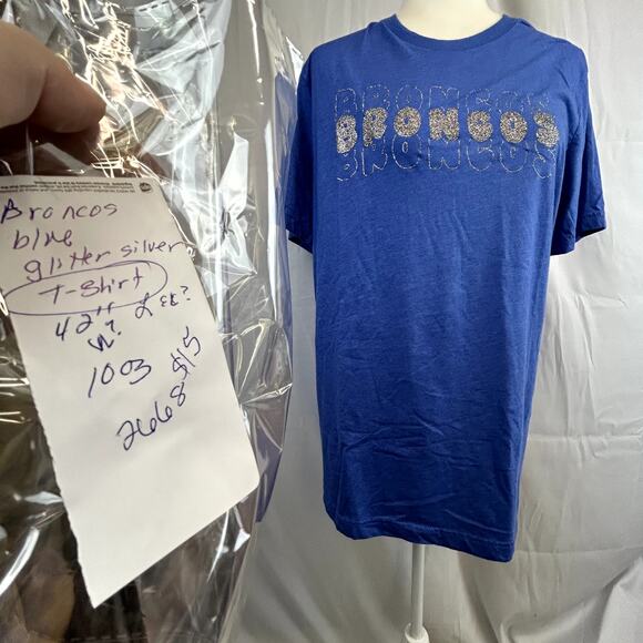 BRONCOS in silver glitter on blue t-shirt women's xl no tags short-sleeve - Picture 7 of 7